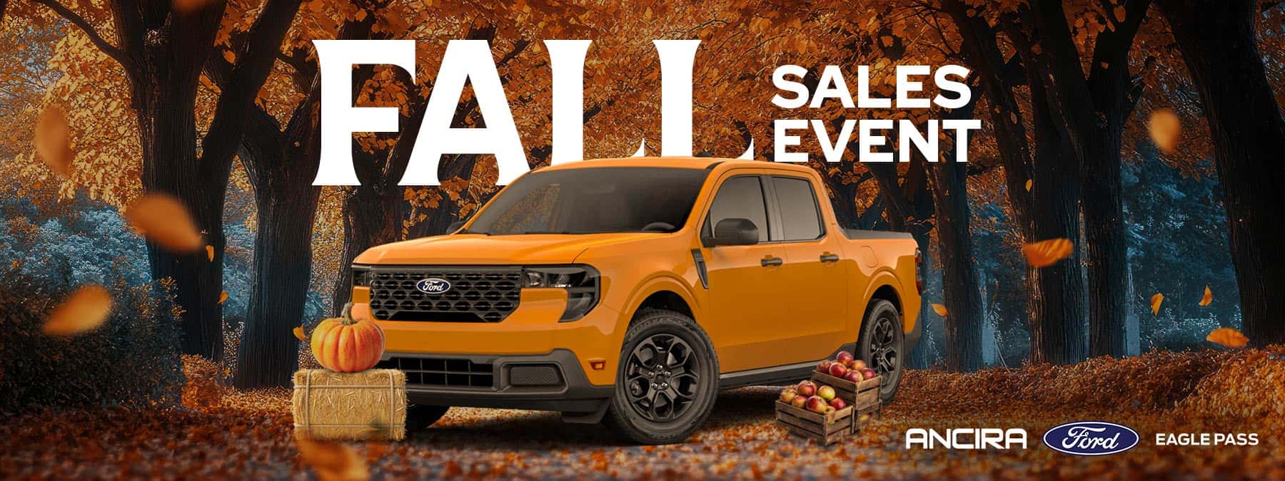 Promotional banner for the Ancira Fall Sales Event featuring a vehicle surrounded by autumn foliage, a pumpkin on a hay bale, and wooden crates filled with red apples.