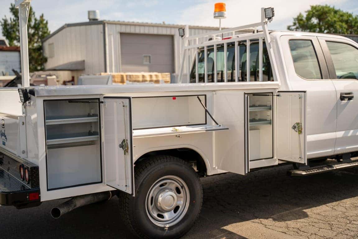 Ford truck upfitted with the perfect amount of storage space for contractors.