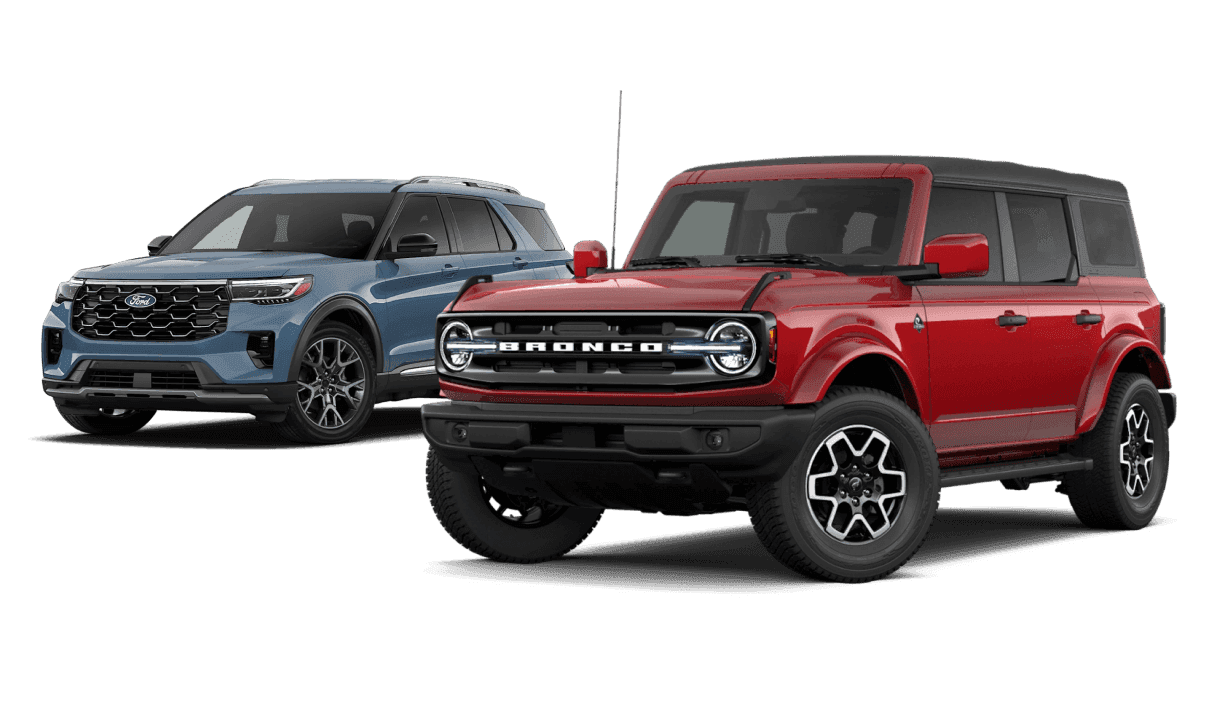 Blue Ford Explorer and red Ford Bronco posed together in front three-quarter views on a studio background.