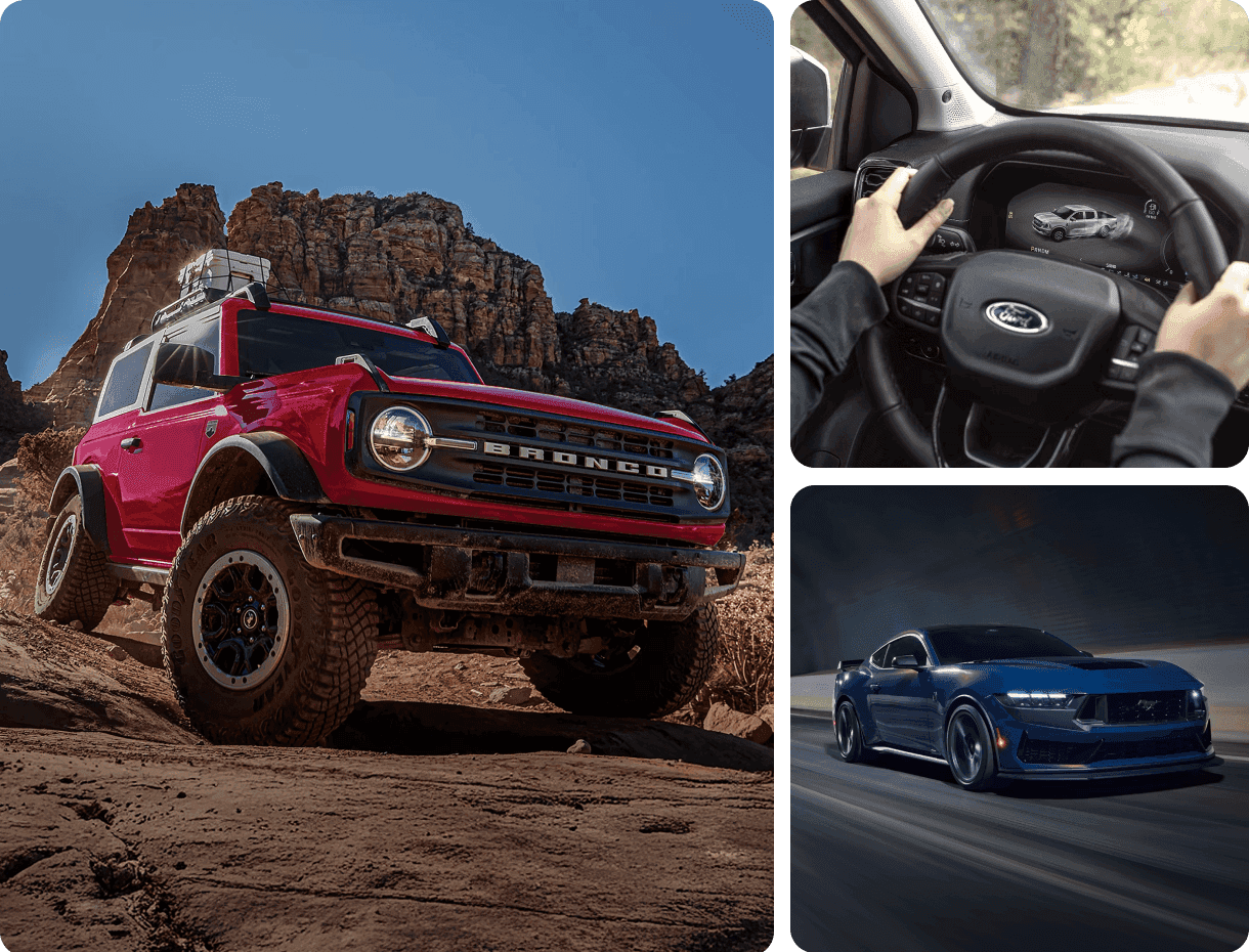 Collage showing a red Ford Bronco off-road, a driver using Ford technology, and a blue Mustang driving through a tunnel.