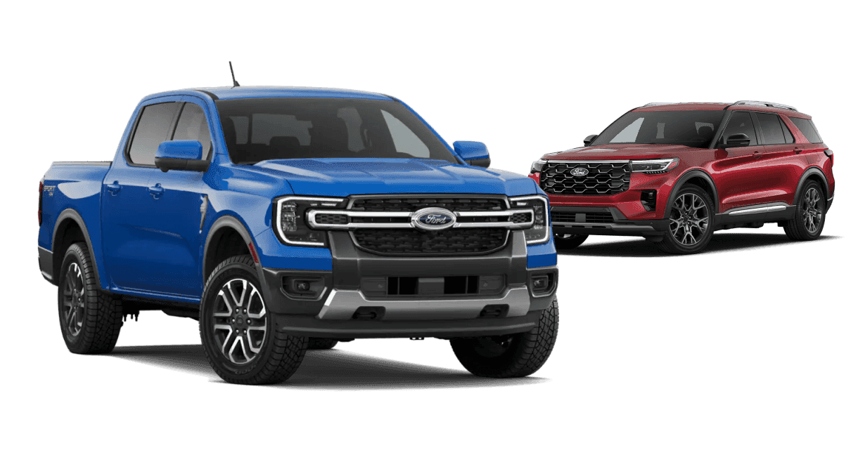 2026 Ford Ranger XLT in Velocity Blue and Explorer Platinum in Ruby Red posed together in front three-quarter views on a studio background.