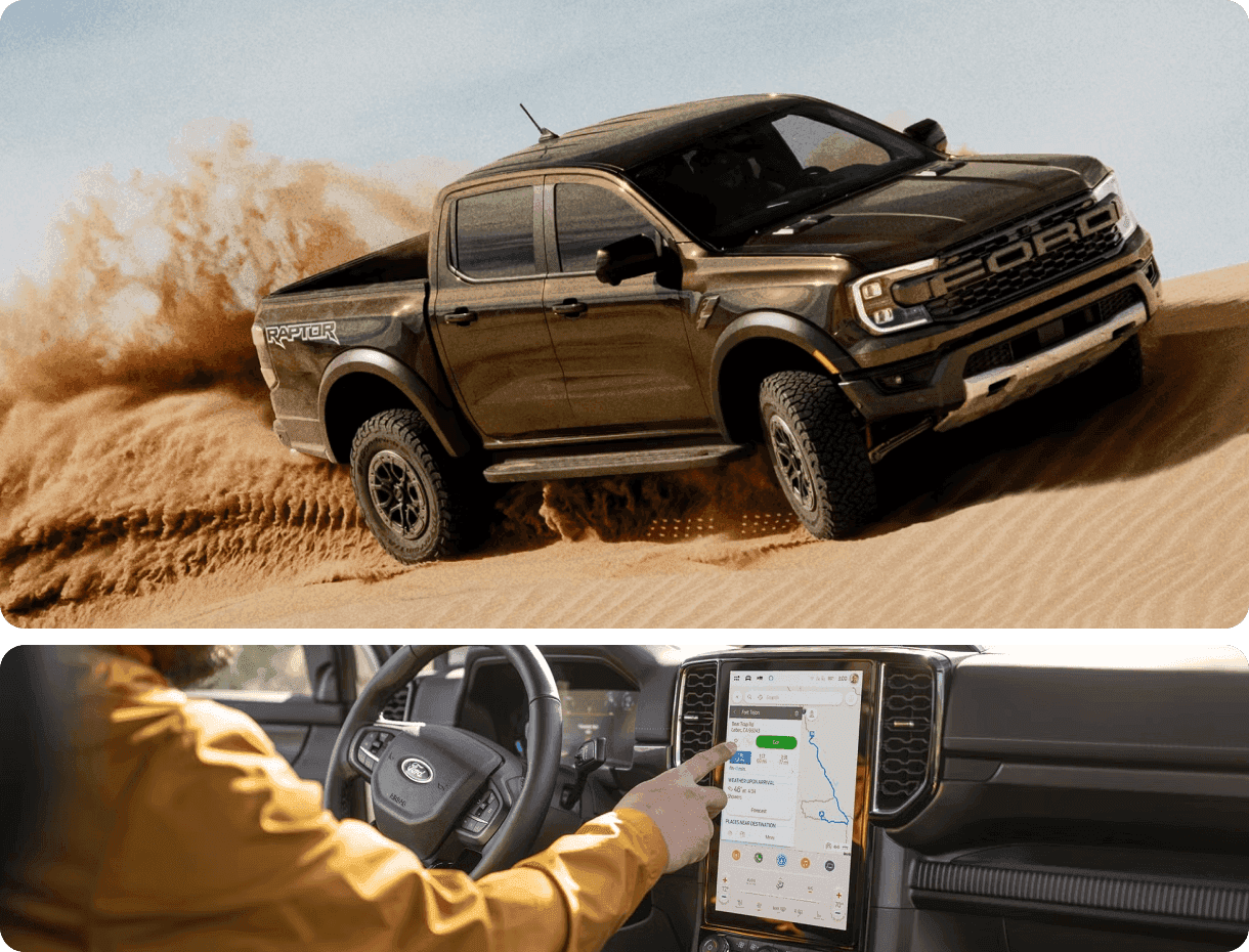 Ford Ranger Raptor powers through sand. Bottom: driver uses the center touchscreen navigation inside a Ford pickup.