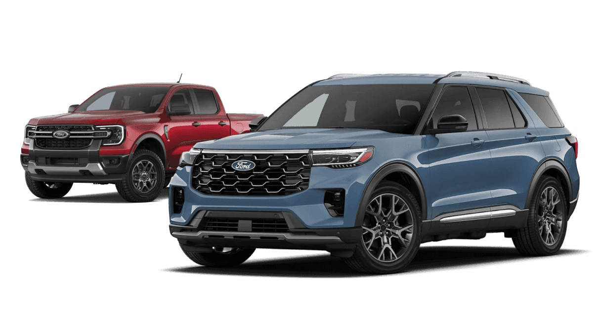 2026 Ford Explorer Platinum in Vapor Blue and Ford Ranger XLT in Ruby Red, posed together in front three-quarter views.