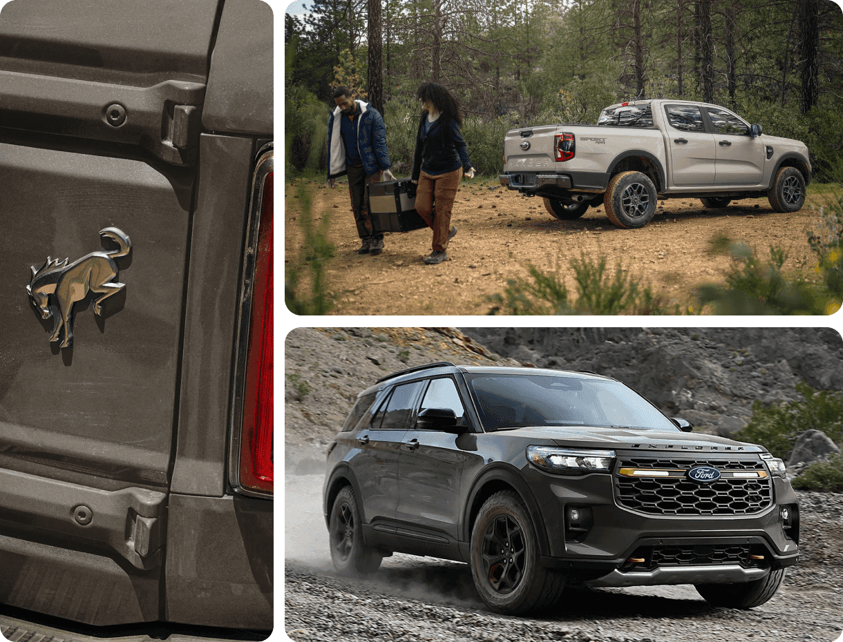 Collage: Bronco badge close-up; Ford Ranger with two people in a forest; Ford Explorer driving off-road on gravel.