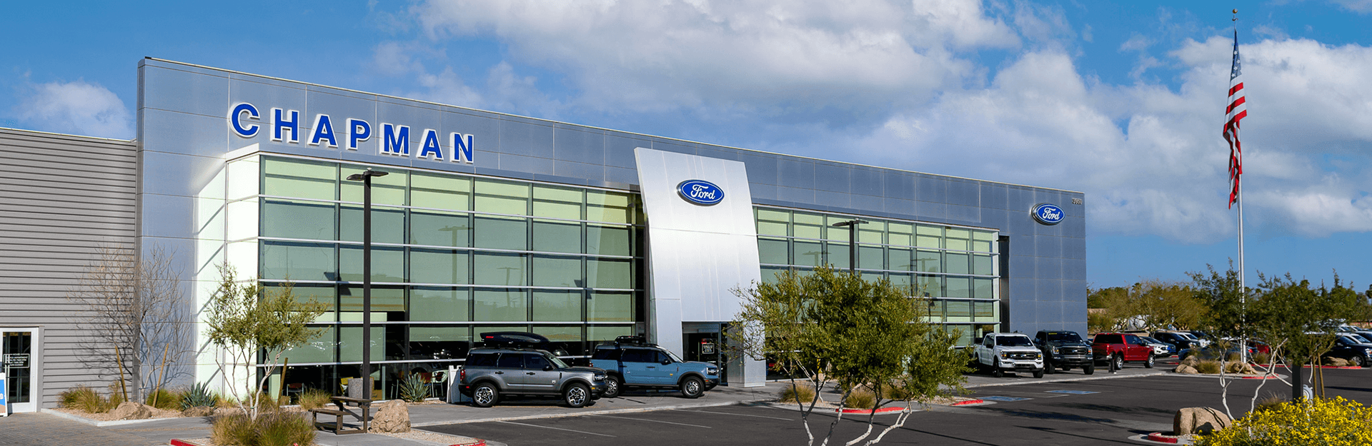 An exterior shot of Ford dealership.
