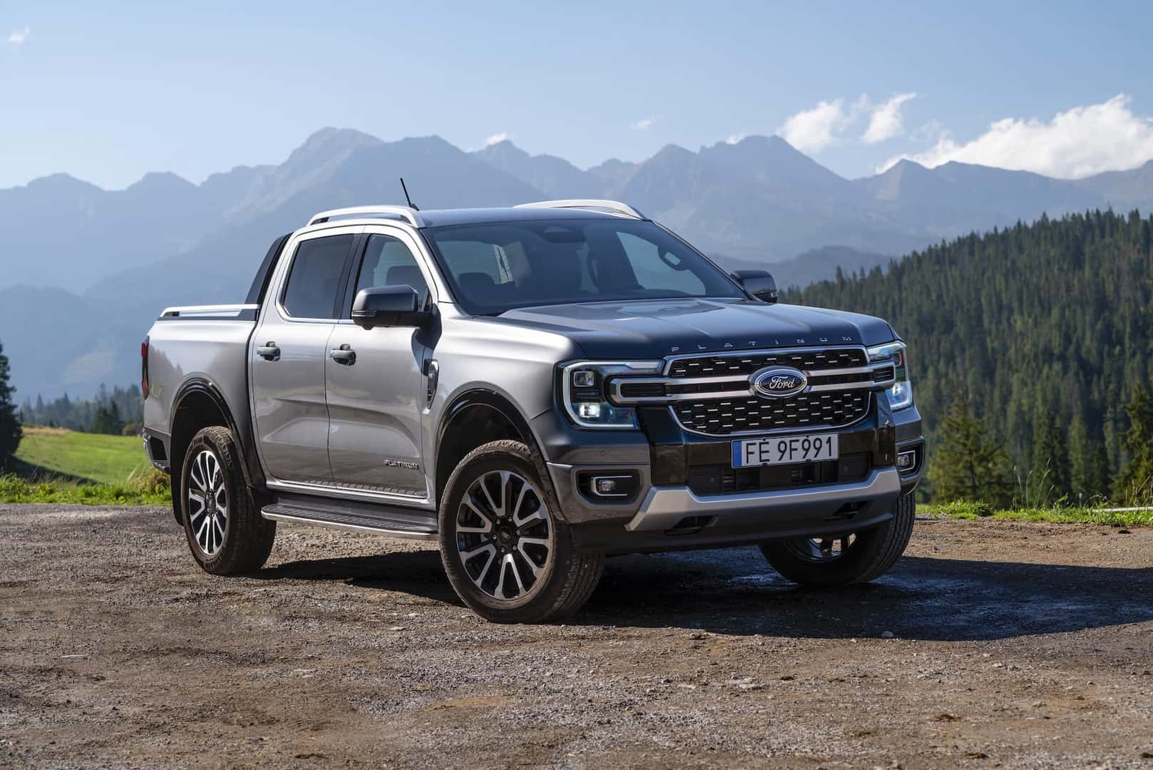 Ford Ranger Platinum stopped on a road. This vehicle is used to get in extremely hard areas.