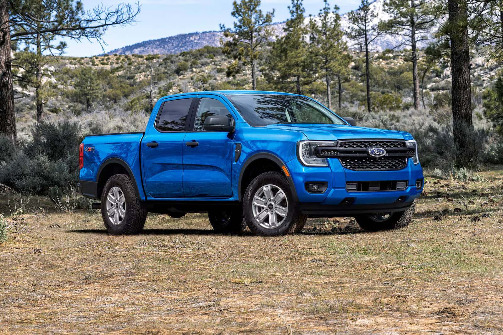 side right angled profile of a blue ford ranger in the woods