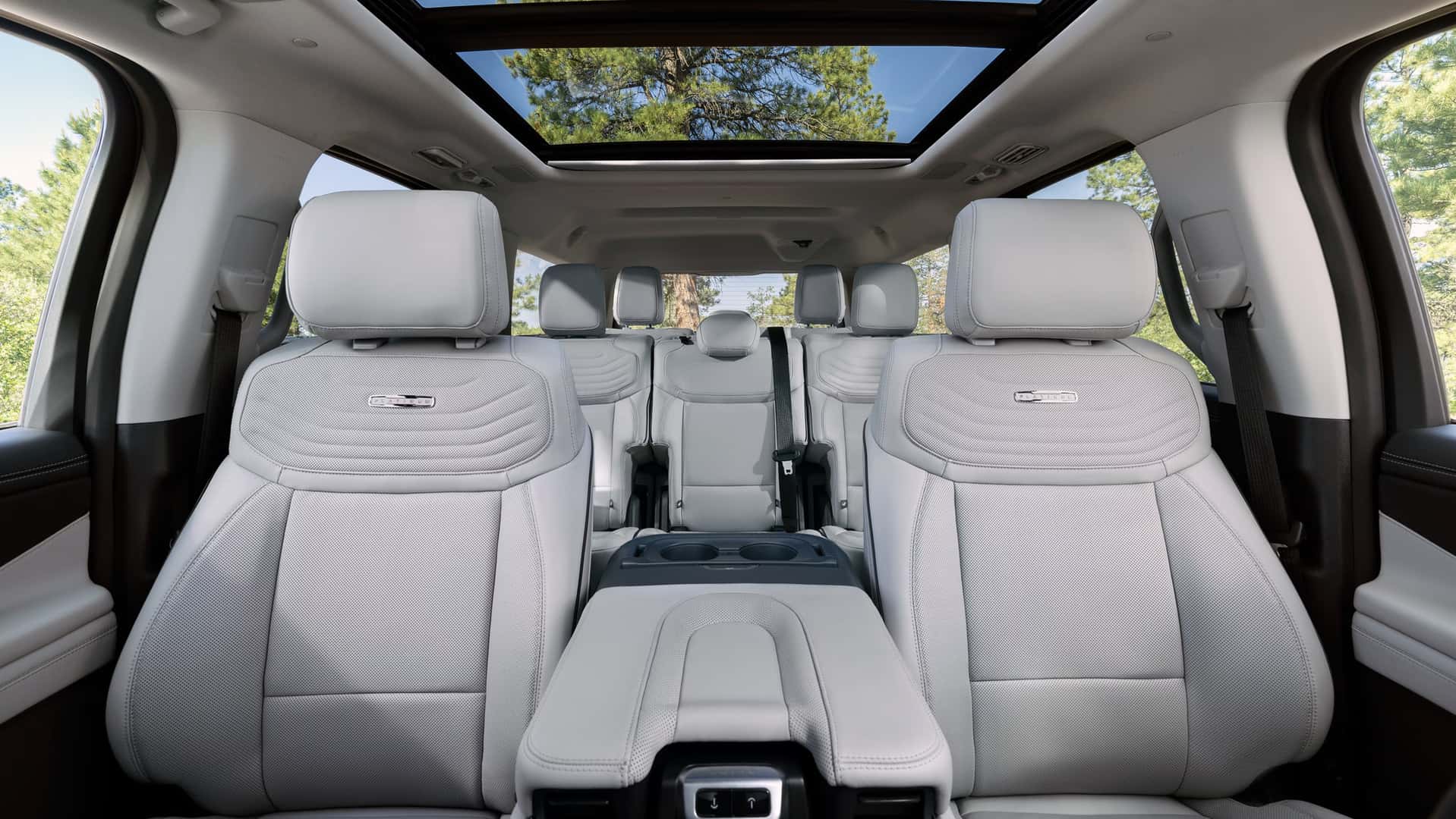 interior view looking back from the middle of the front seats on a 2026 ford expedition