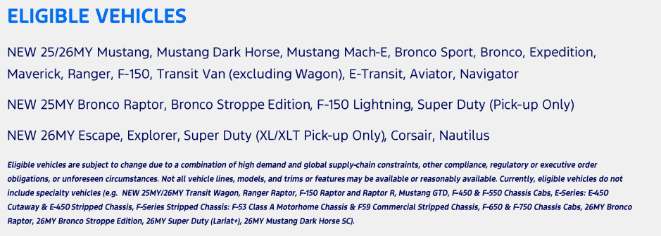 Eligible Ford Vehicles for Employee Pricing Program