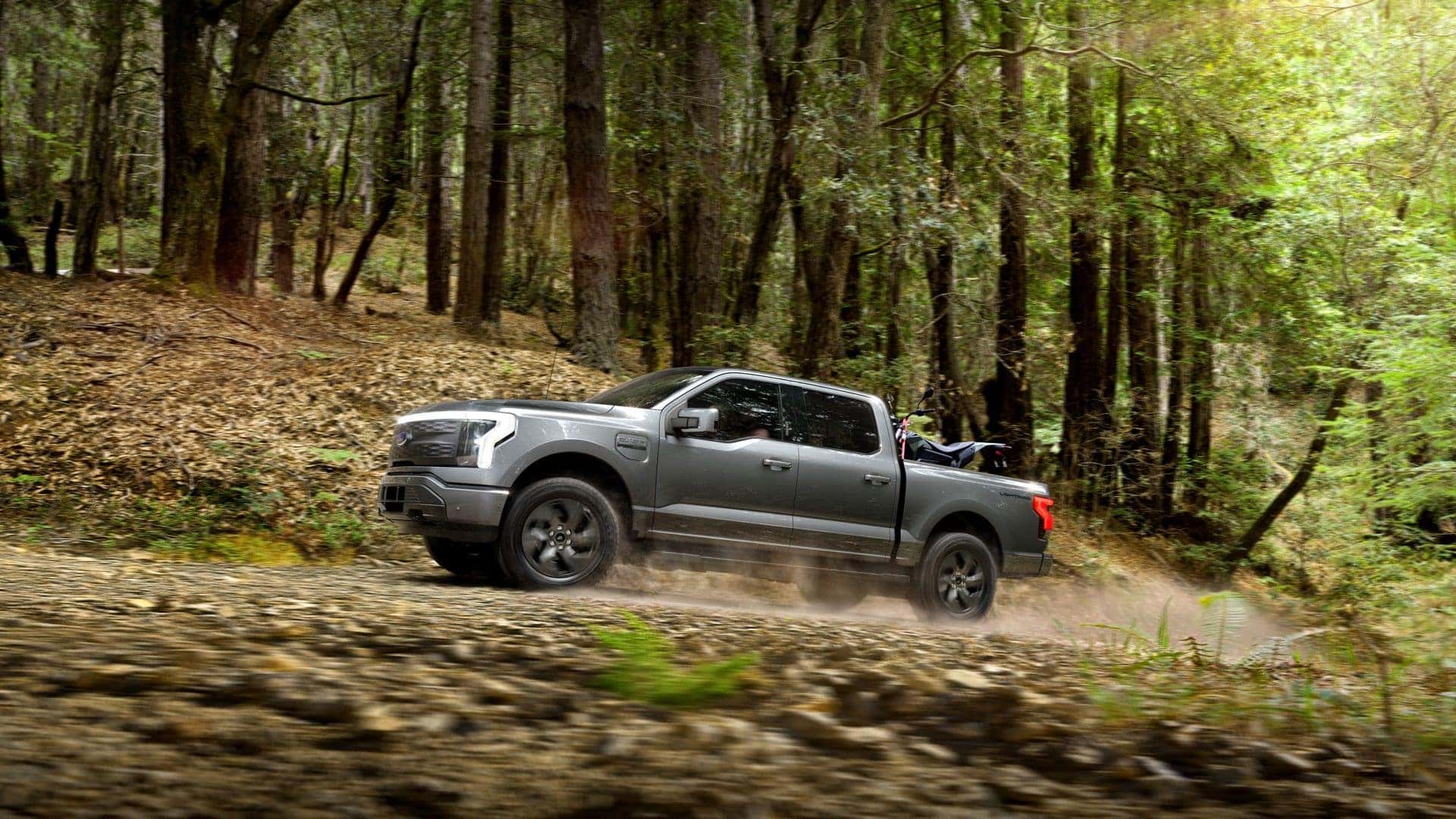The Strong Side Profile Of The Pickup Truck, The Ford F150 Lightning, Driving Along A Forested Forest