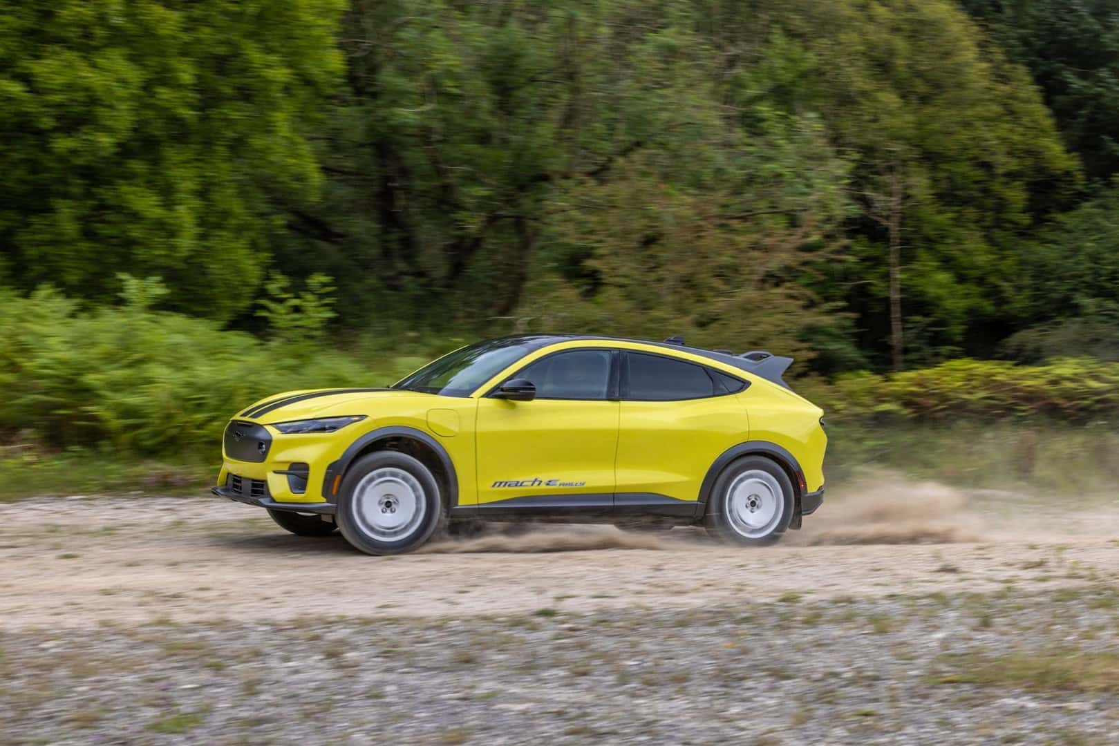 The Technologically Advanced Mustang Mach-E EV Driving On The Edge Of A Forest