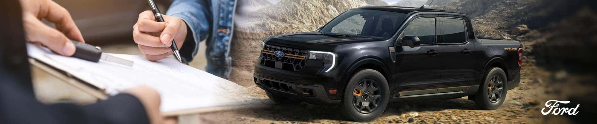 Black Ford pickup truck on rugged terrain, highlighted alongside a person signing a document.