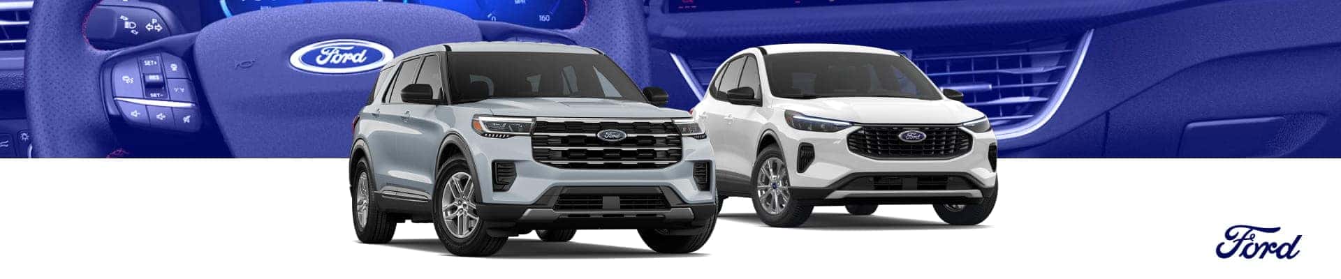 Two Ford SUVs displayed on a white background, with a close-up of a Ford steering wheel and dashboard spanning the top of the image.