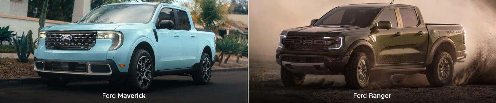 Light blue Ford Maverick and dark green Ford Ranger shown side by side from front three-quarter angles.