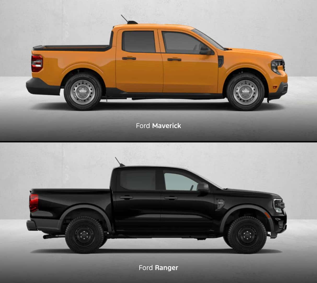 Orange Ford Maverick shown above a black Ford Ranger, both in full side profile.