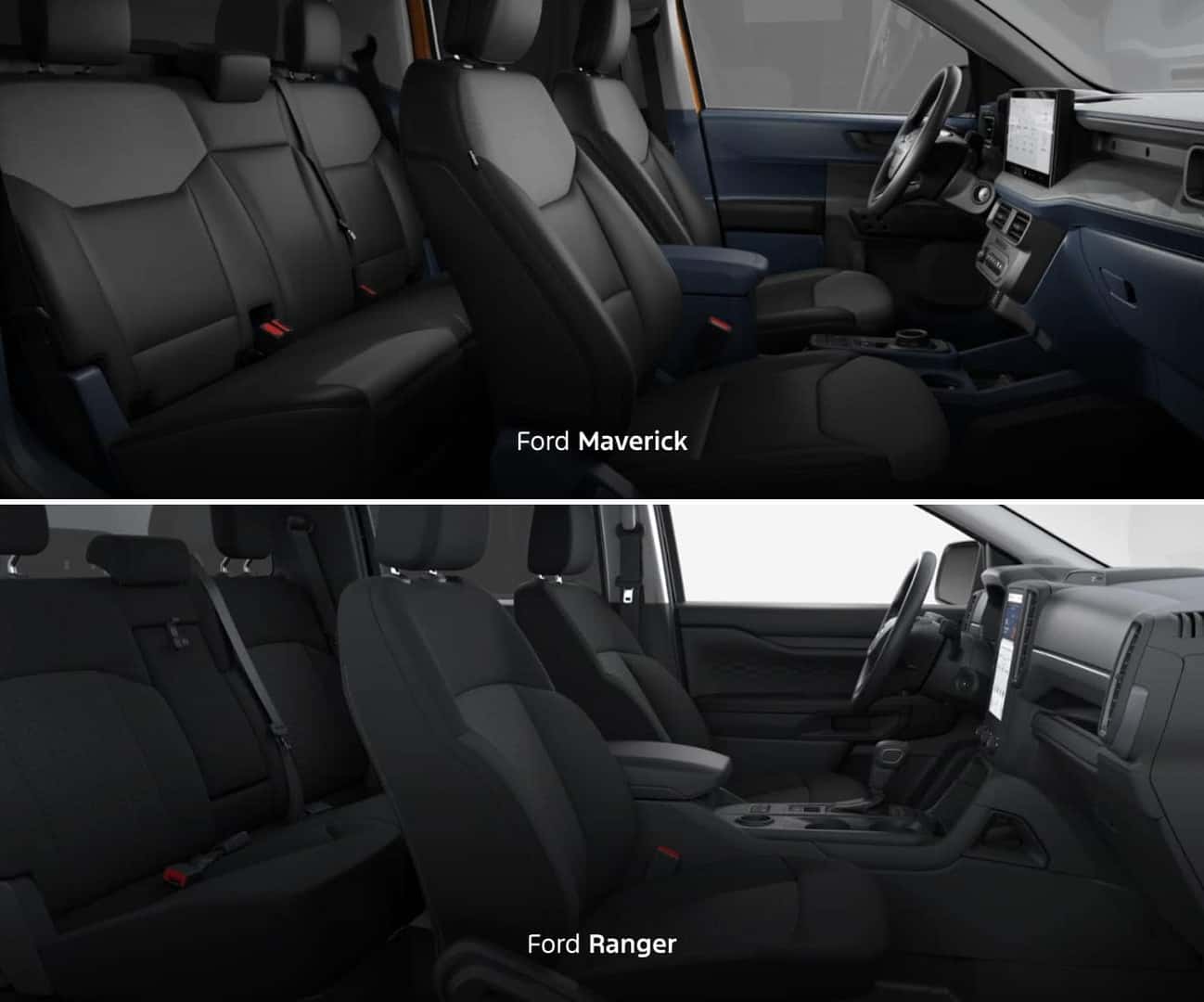 Interior comparison of the Ford Maverick and Ford Ranger, both featuring dark seating, center touchscreens, and two-row cabins.