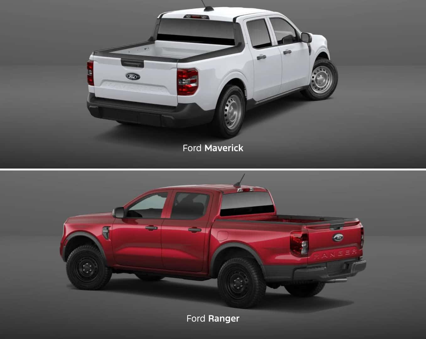 White Ford Maverick shown above a red Ford Ranger, both from rear three-quarter angles with their truck beds visible.