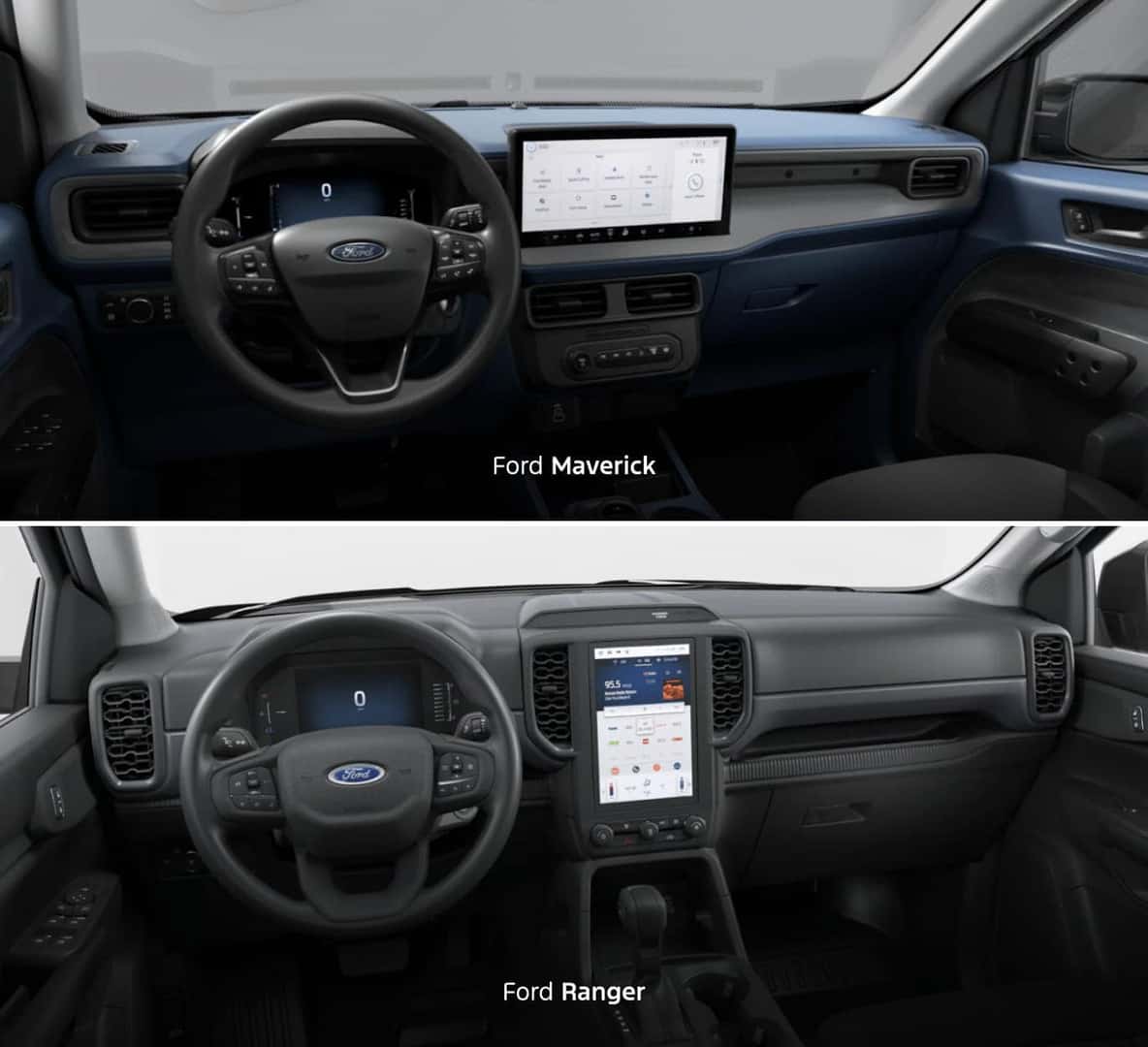 Ford Maverick and Ford Ranger dashboard comparison, highlighting the Maverick’s horizontal center touchscreen versus the Ranger’s vertical touchscreen.