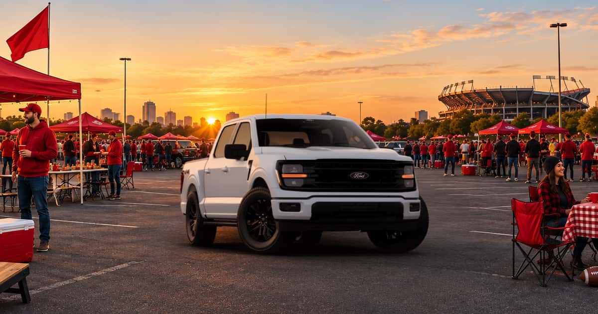 A Ford F-150 is parked in the midst of a tailgate.