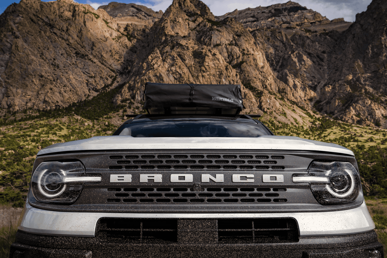 Ford Bronco front bumper close up view with mountain background - Ford Bronco Lease Deals near Upland CA