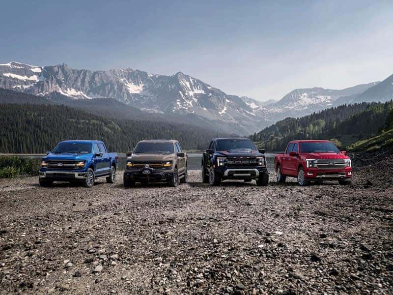 Line up of four Ford trucks parked in the mountains from Ford Dealer near Ontario CA