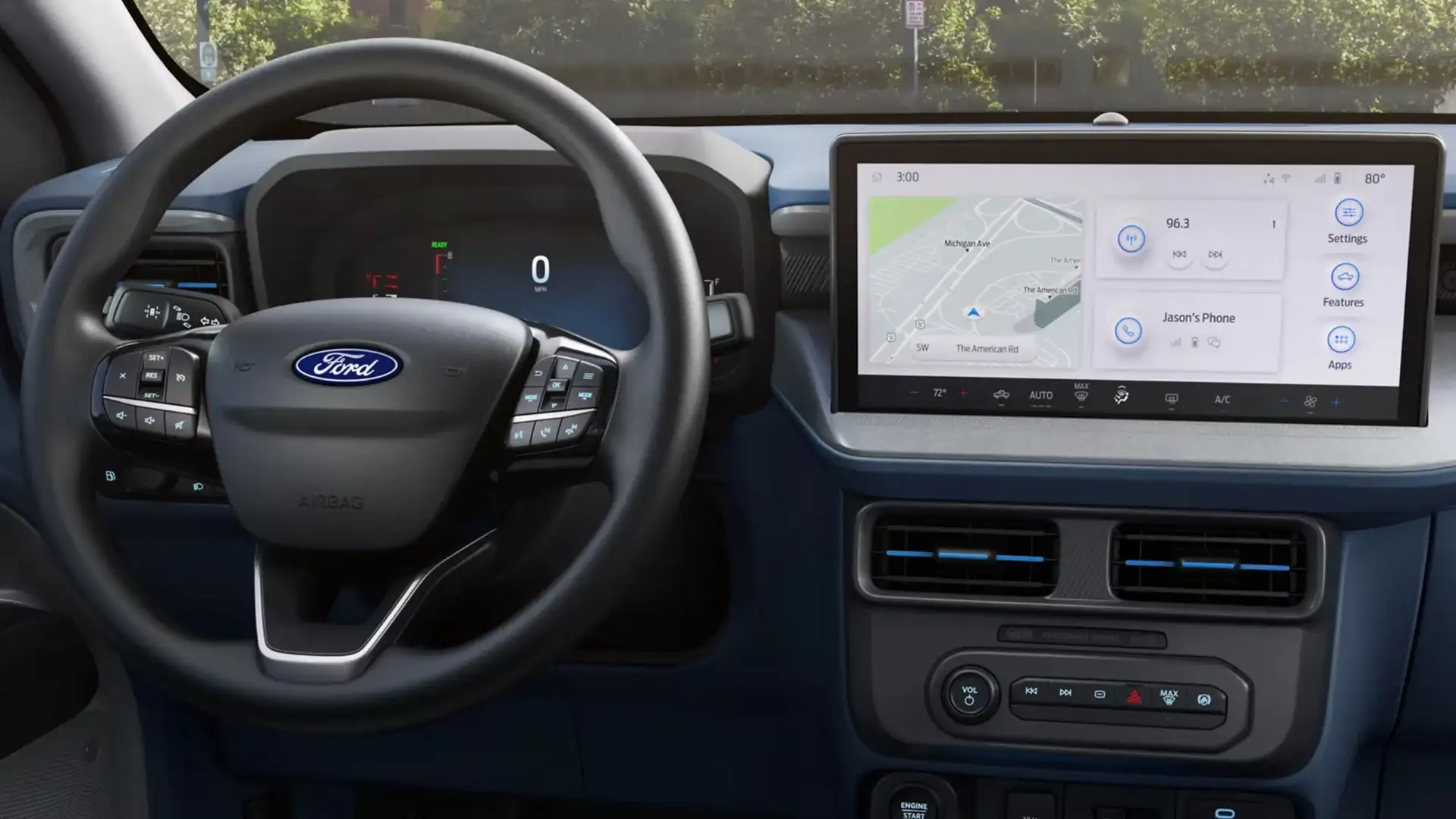 Driver-side interior view of 2025 Ford Maverick® showcasing steering wheel and SYNC 4 touchscreen.
