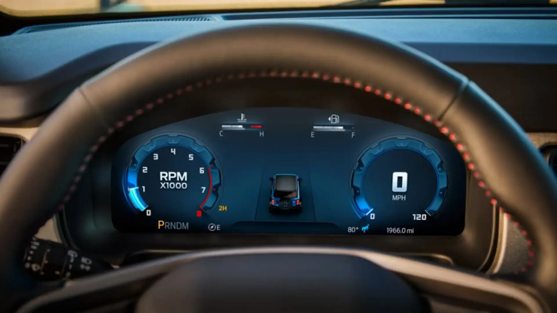 2025 Ford Bronco® digital instrument cluster showing RPM gauge and drive modes.