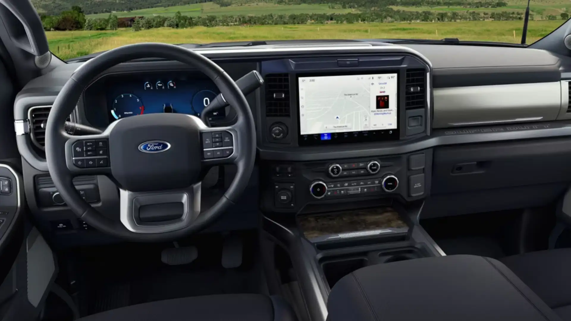 2026 Ford Super Duty® interior wide dashboard view with steering wheel and infotainment screen.