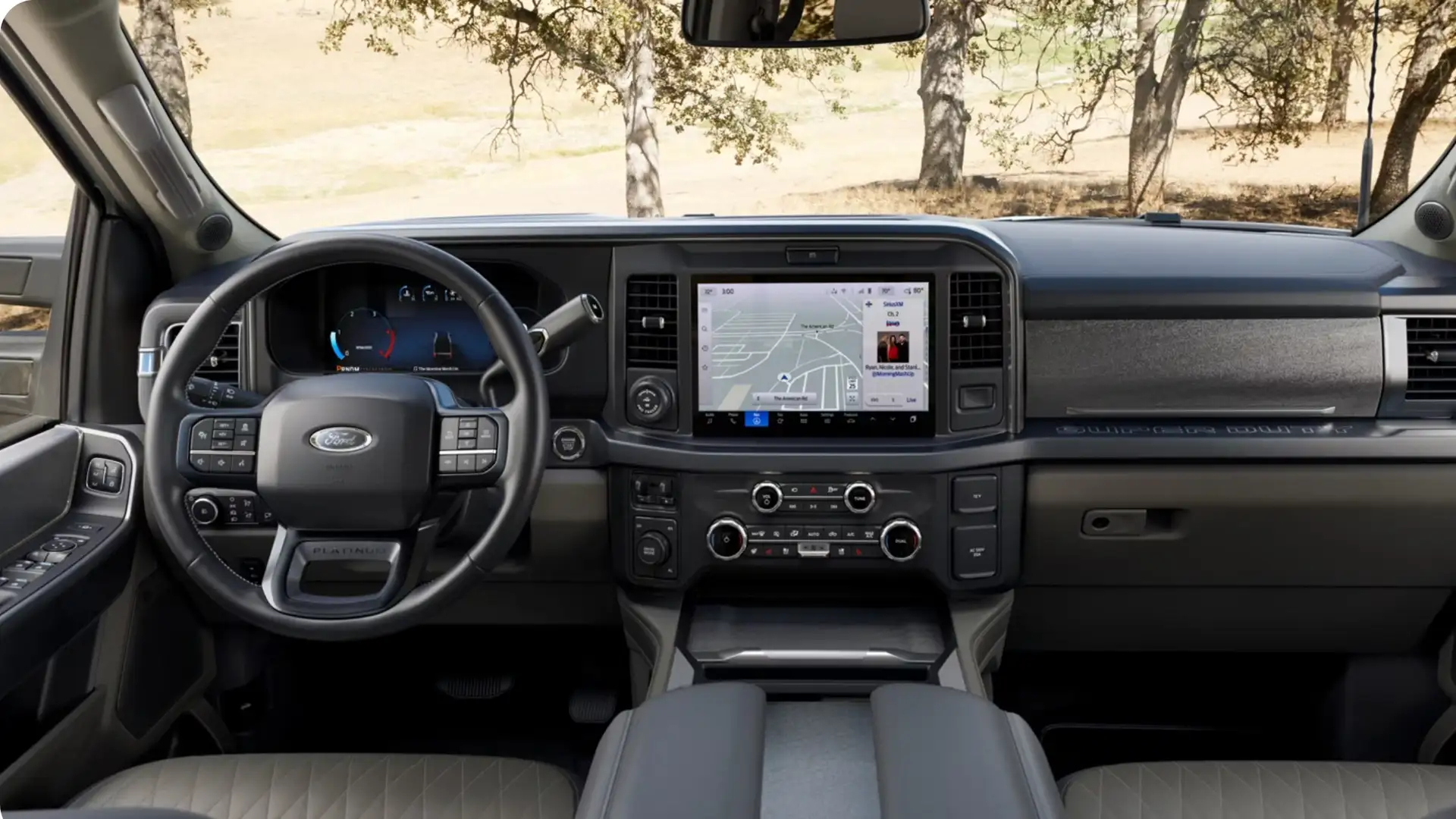 2026 Ford Super Duty® Platinum interior with digital instrument cluster and center touchscreen display.
