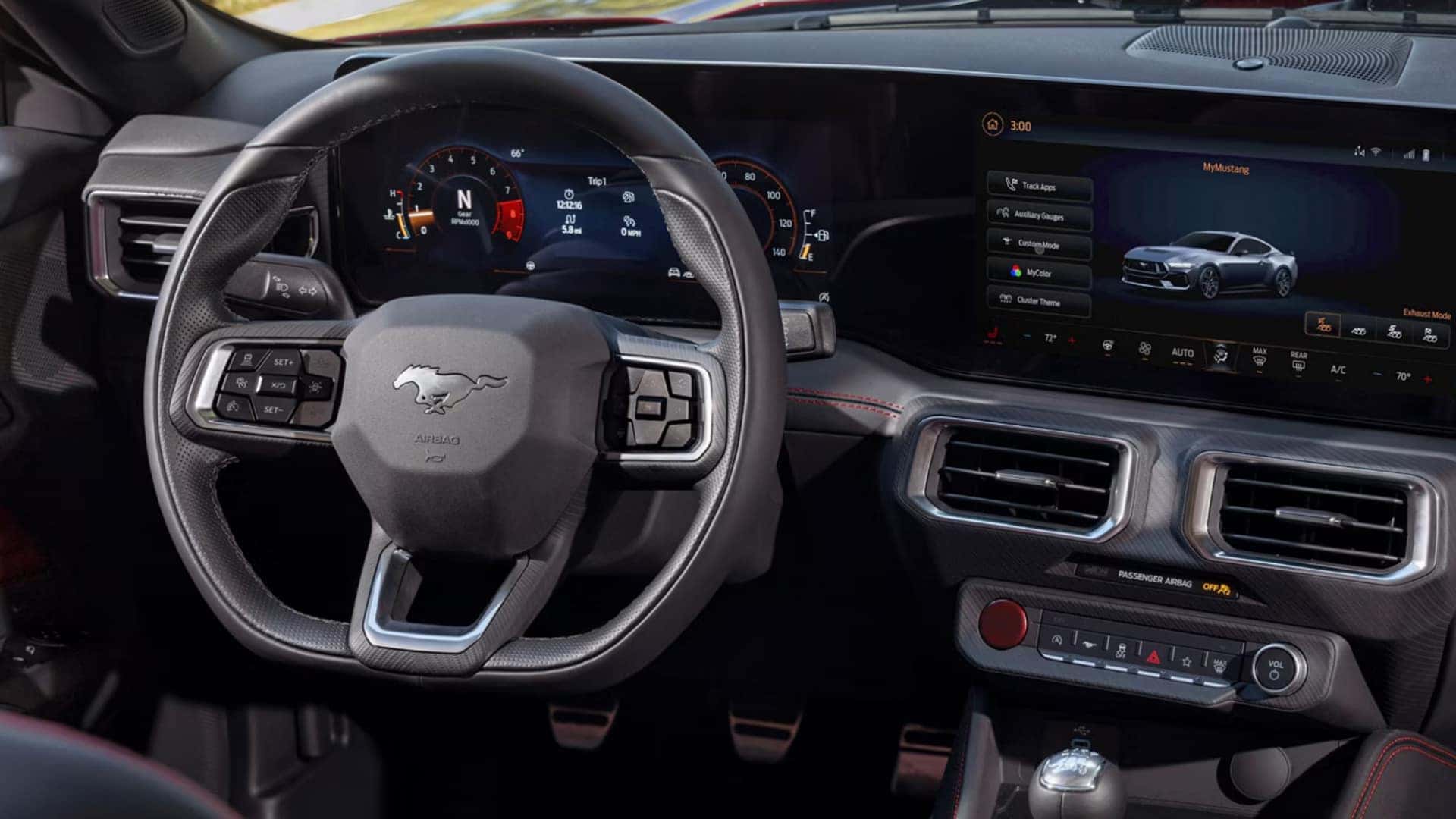 2026 Ford Mustang® cockpit view showing the steering wheel, digital gauge cluster, and large center touchscreen with MyMustang display.