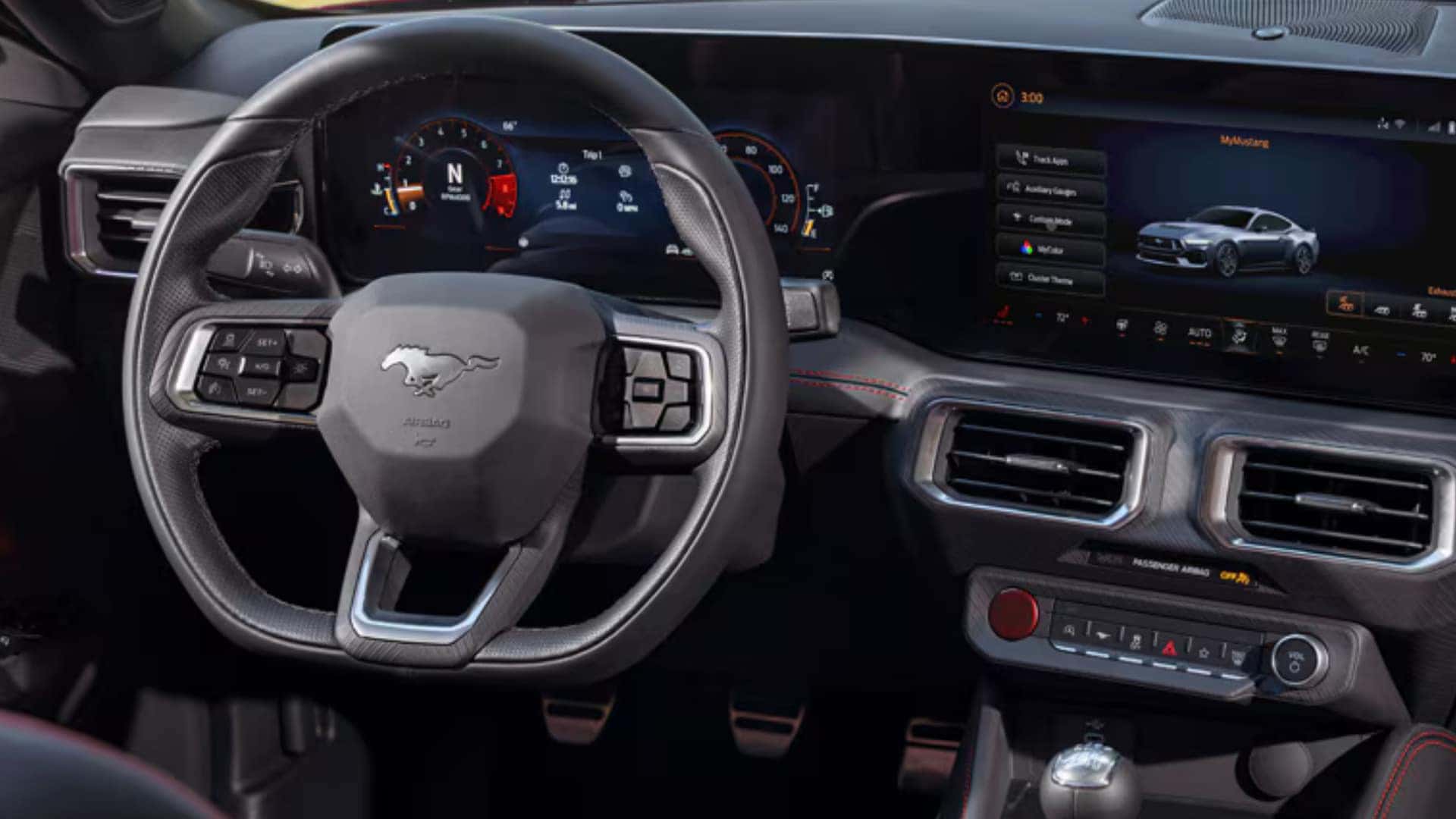 2026 Ford Mustang® interior showing steering wheel, digital instrument cluster, and central infotainment display.