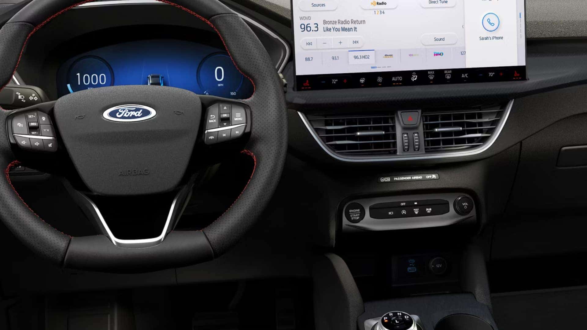 2026 Ford Escape® dashboard with digital gauges, touchscreen display, steering controls, and climate settings.
