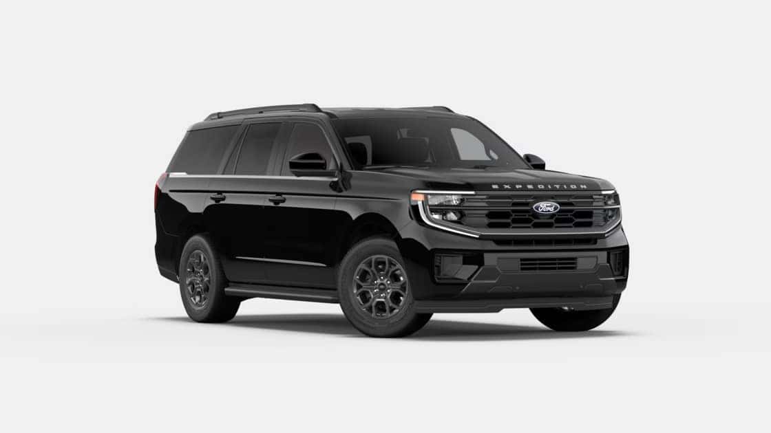 2026 Ford Expedition® black SUV shown in a studio side profile with bold grille, dark wheels, and full-size design.