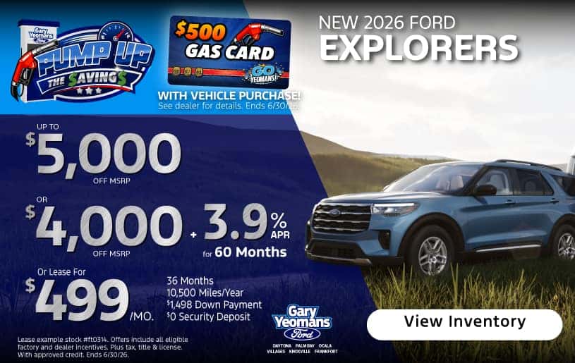 New 2026 Ford Explorers in stock: up to $5,500 off MSRP! Or $3,500 off MSRP + 3.9% APR / 60 months! Or lease $499/month 36 months 10,500 miles/year, $1,498 down payment, $0 security deposit