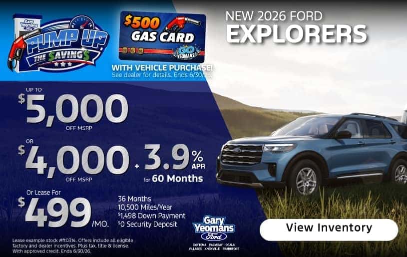New 2026 Ford Explorers in stock: up to $5,500 off MSRP! Or $3,500 off MSRP + 3.9% APR / 60 months! Or lease $499/month 36 months 10,500 miles/year, $1,498 down payment, $0 security deposit