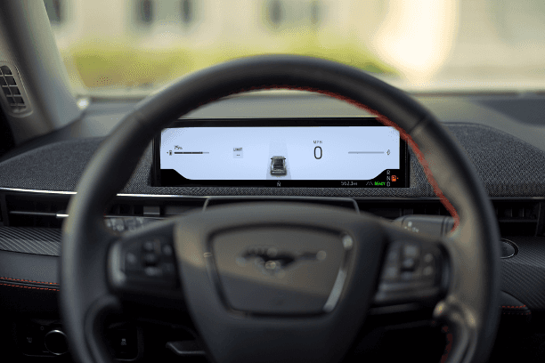 Mustang Mach-E dashboard showing BlueCruise hands-free driving display