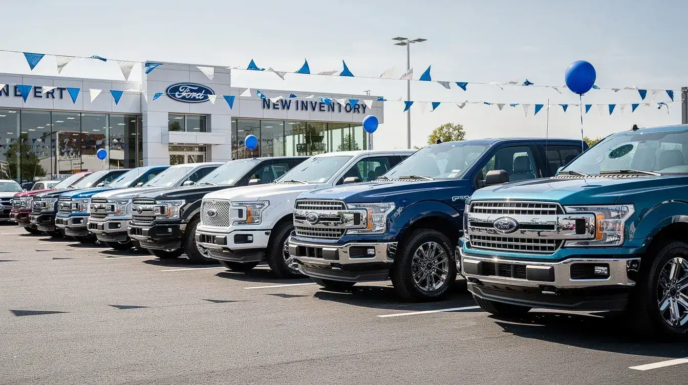 A row of new Ford trucks and SUVs is displayed on a dealership lot, showcasing the latest models from Ford Motor Company, including the popular F-150. This lineup emphasizes the value of Ford and Lincoln vehicles, highlighting the commitment to American workers and the spirit of innovation.