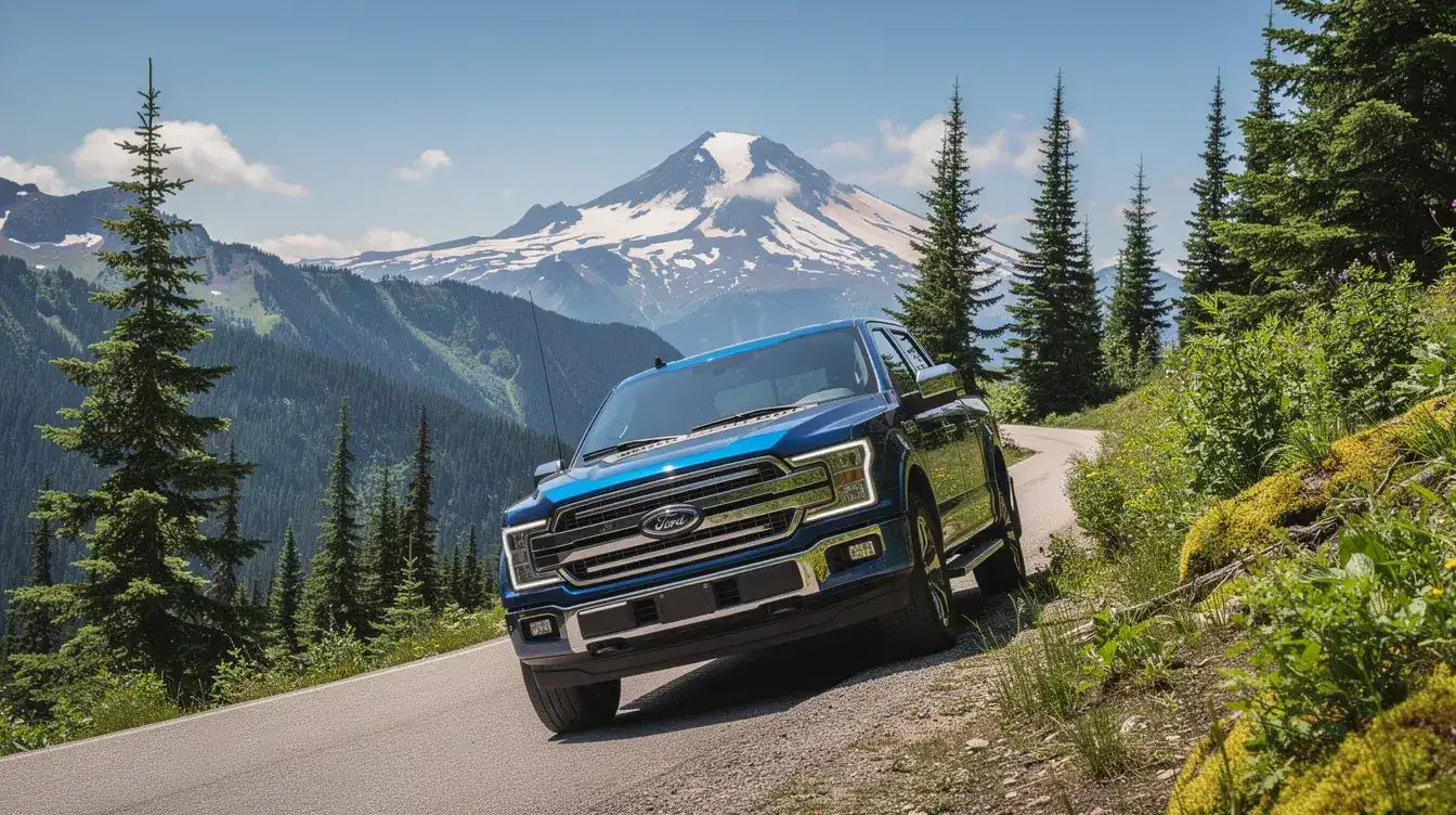 A rugged pickup truck is navigating a winding mountain road in the Pacific Northwest, surrounded by lush green trees and stunning mountain scenery. This image captures the essence of adventure and the spirit of American values, reminiscent of the Ford Motor Company's commitment to building durable vehicles for all terrains.