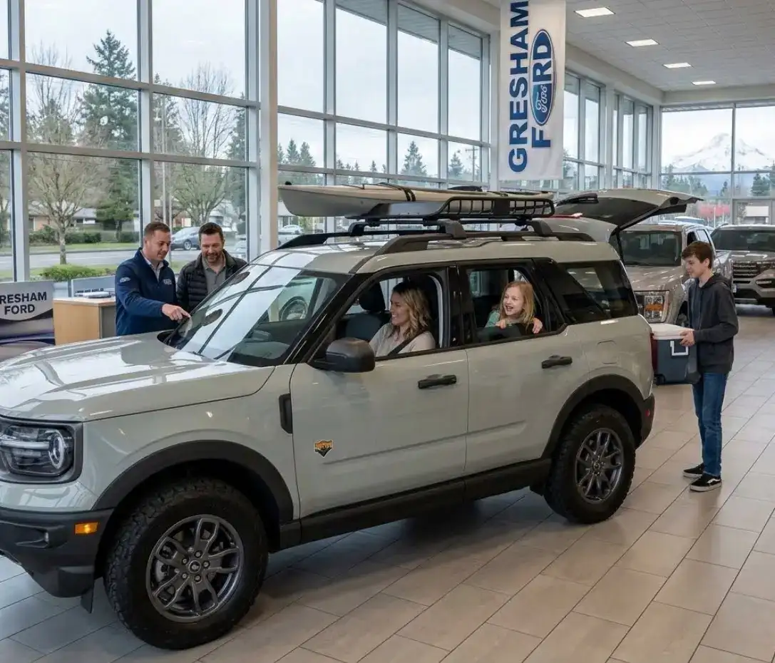Family exploring the Bronco Sport on the Gresham Ford showroom