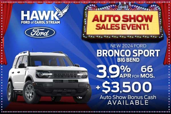 3.9% APR for 66 months plus $3,500 auto show bonus cash available on new 2024 Bronco Sport