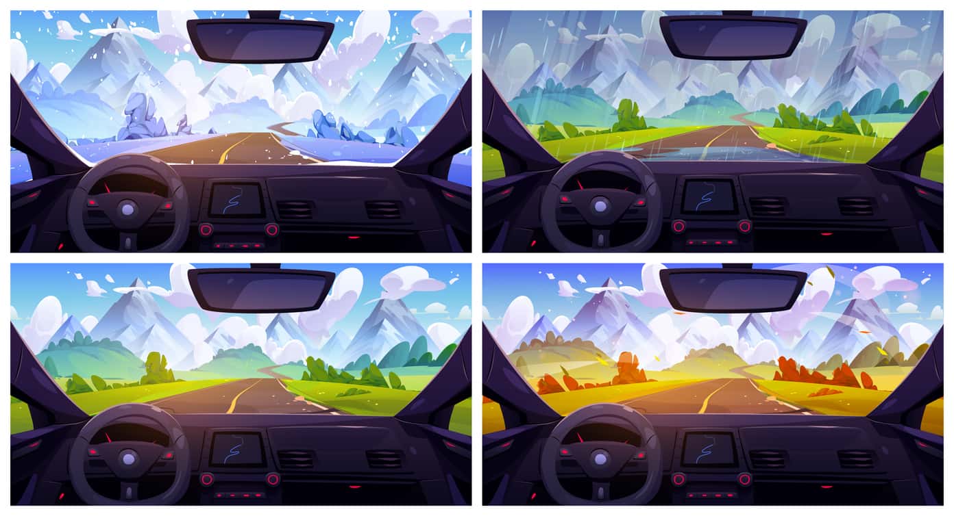 A clipart image showing the four seasons from the drivers seat of a car.