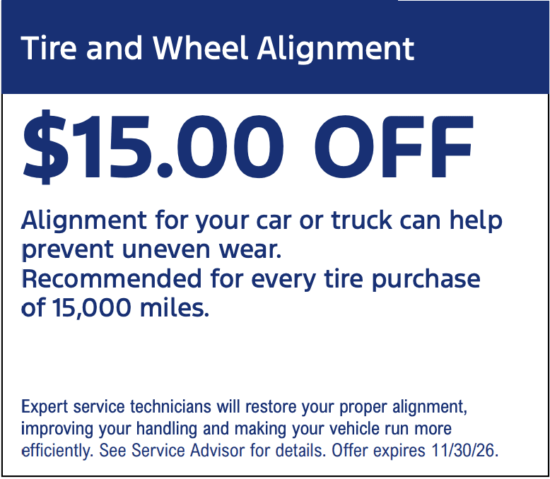 $15 OFF Tire and Wheel Alignment