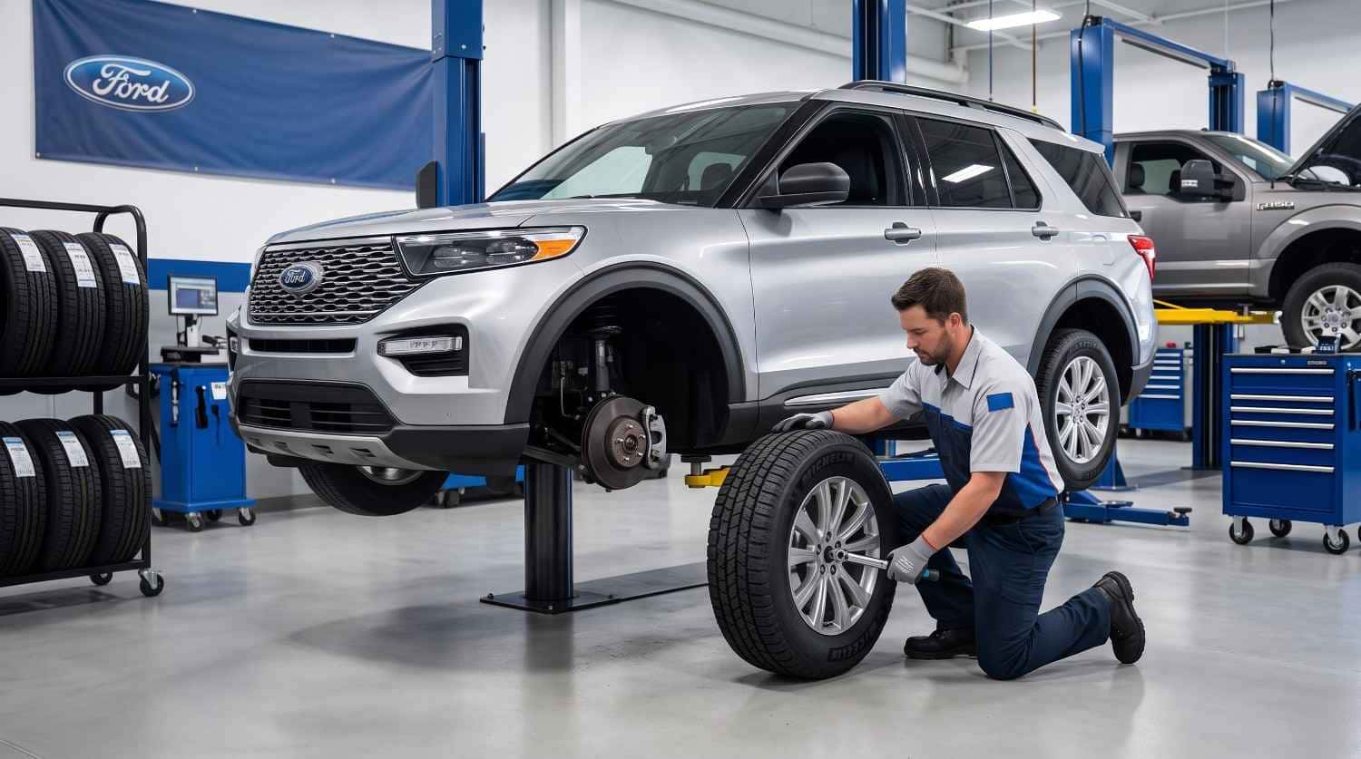 Certified service technician performing a routine Ford tire rotation in a dealership service bay