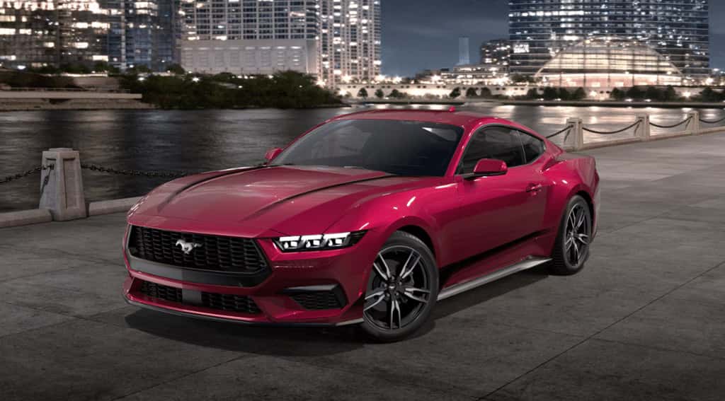 2026 Ford Mustang trims shows a Ecoboost Fastback in Molten Magenta Metallic Tri-coat