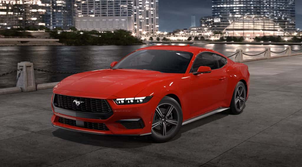 2026 Ford Mustang trims shows the EcoBoost Premium Fastback in Race Red