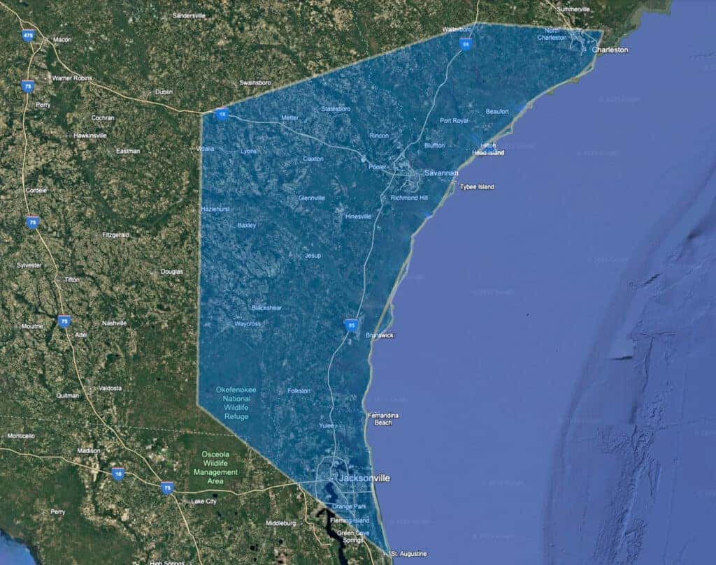 Map of J.C. Lewis Ford Commercial & Fleet service area covering Savannah, GA, Hilton Head, Bluffton, Beaufort, Charleston, Brunswick, St. Simons Island, Hinesville, Augusta, Jacksonville, and surrounding Coastal Southeast communities via I‑95, I‑16, US‑17, and US‑278.