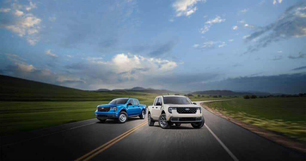 2025 Ford Maverick XL vs XLT parked on a road in the countryside