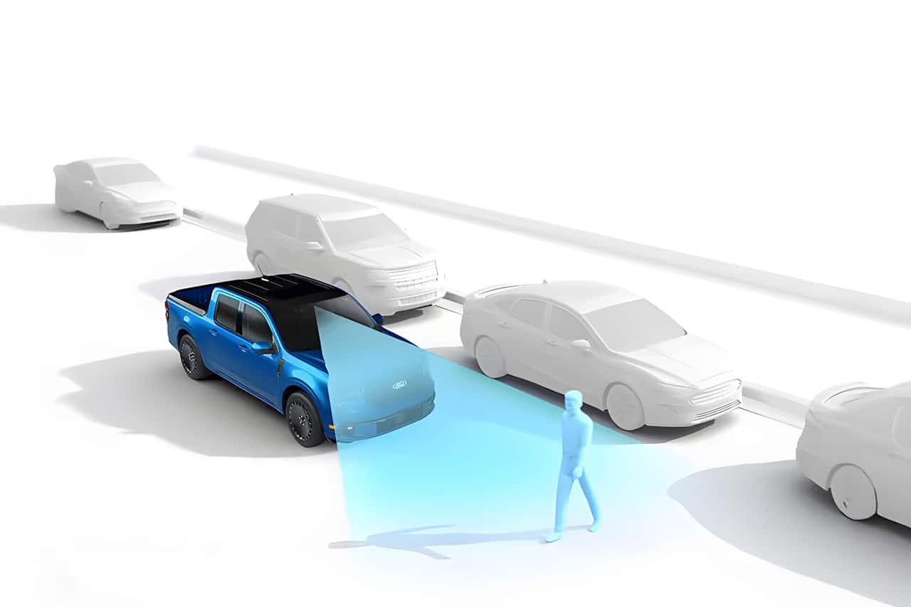 2025 Ford Maverick safety system detecting a pedestrian crossing - illustration
