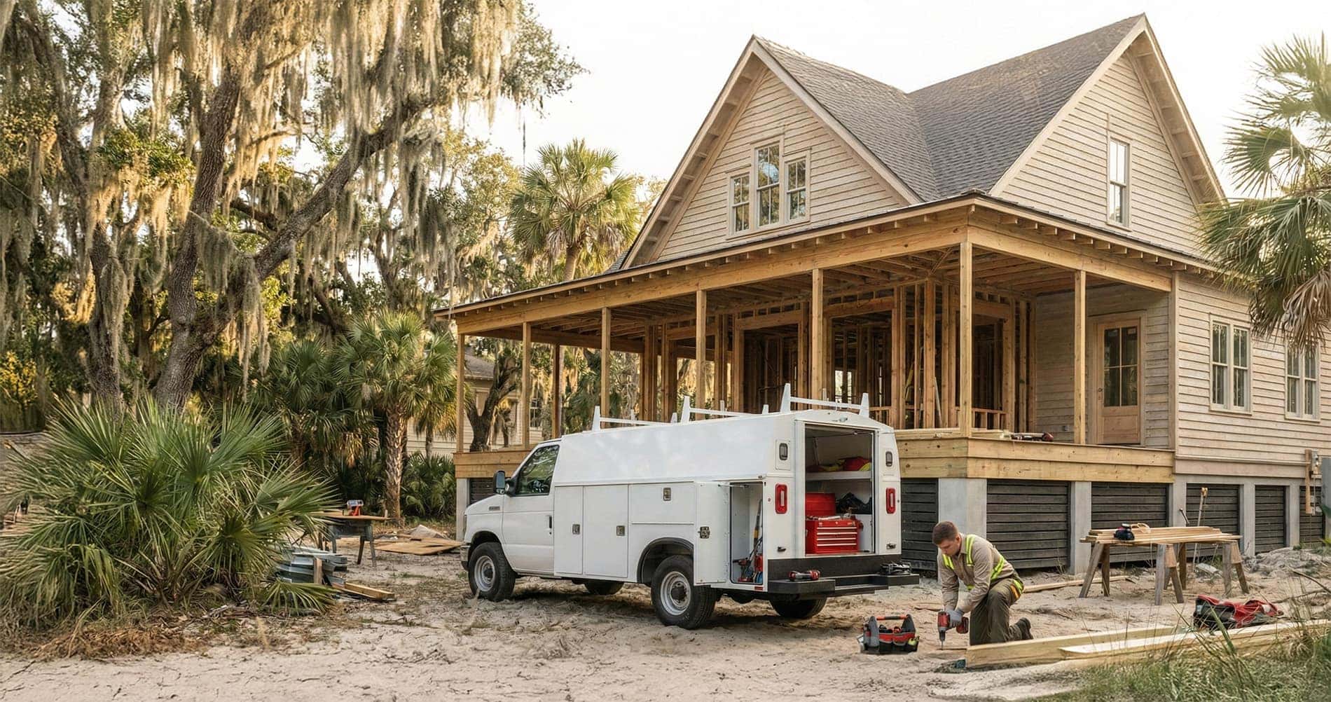 Ford E-350 Knapheide service body​ on a job site building a vacation home