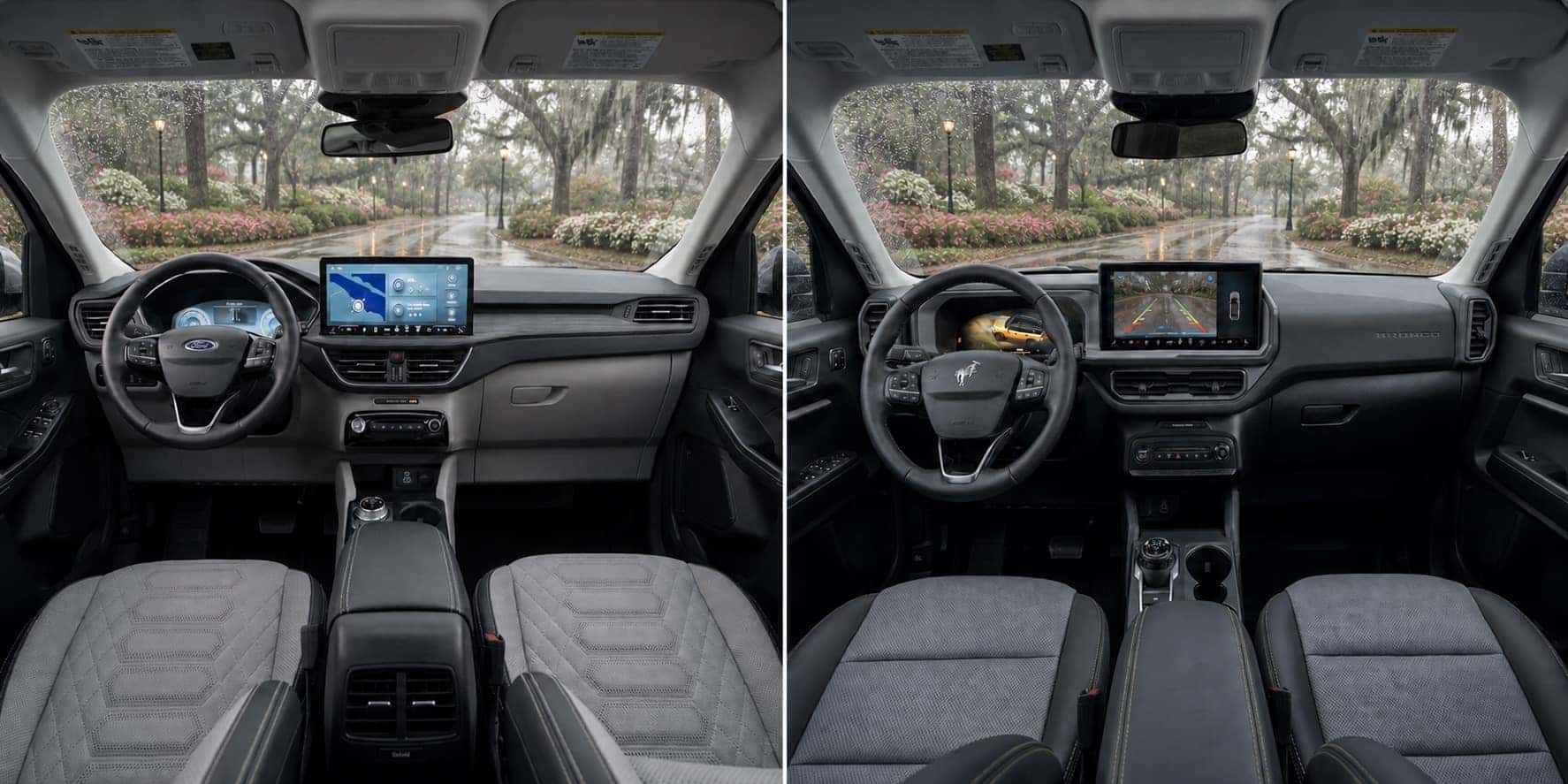 Side by side view of Ford Bronco Sport and Ford Escape cabins showing dashboard layouts touchscreen displays and steering wheel designs with rain outside.
